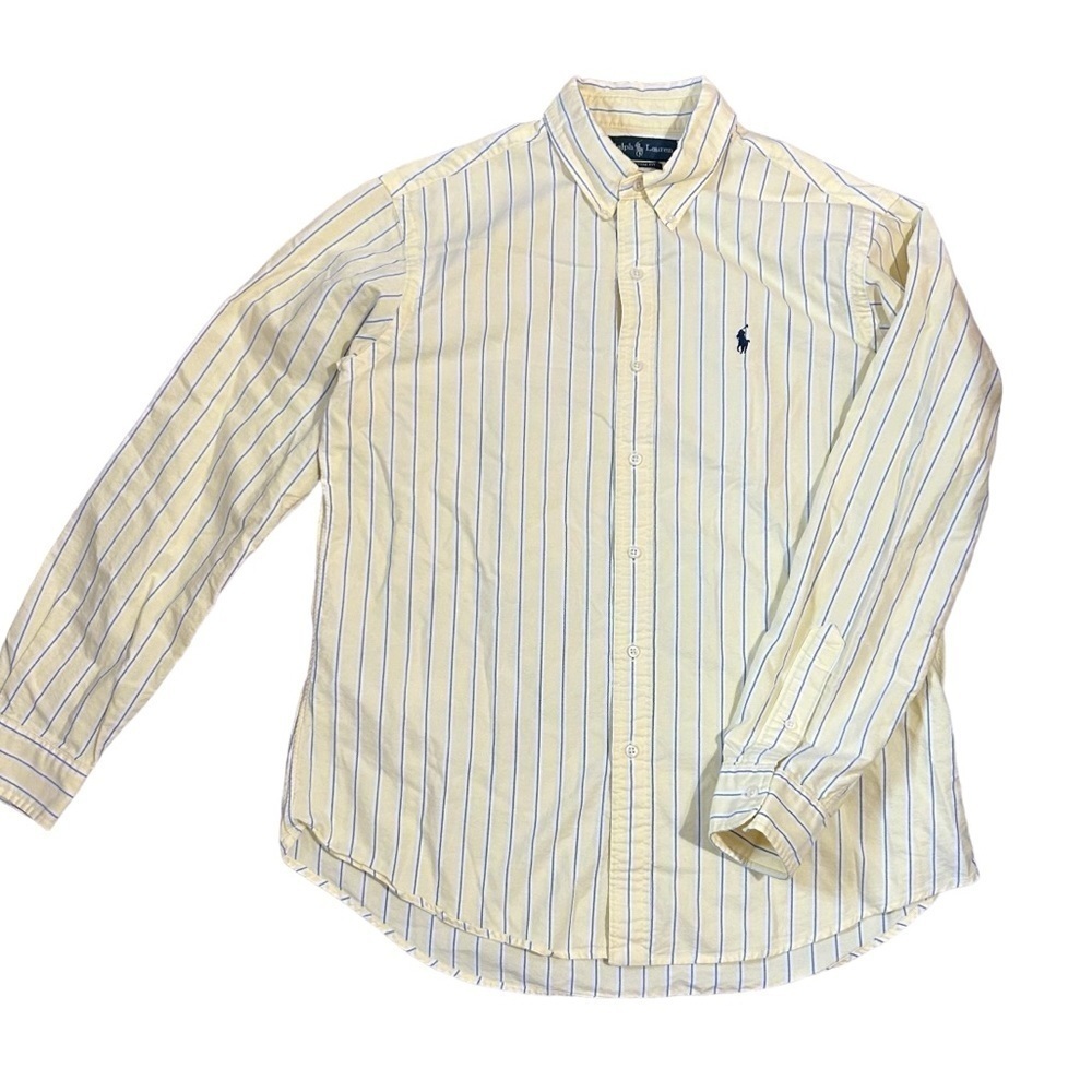 Ralph Lauren custom fit yellow striped long sleeve bottom down shirt Size L